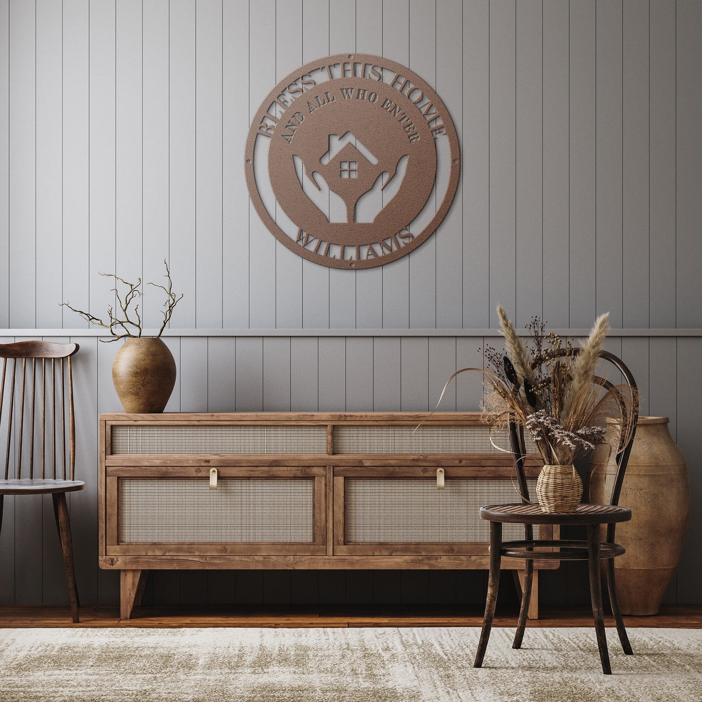 Personalized_Bless_This_Home_Die-Cut_Ste_Copper_Rustic_Hallway_Mockup.png