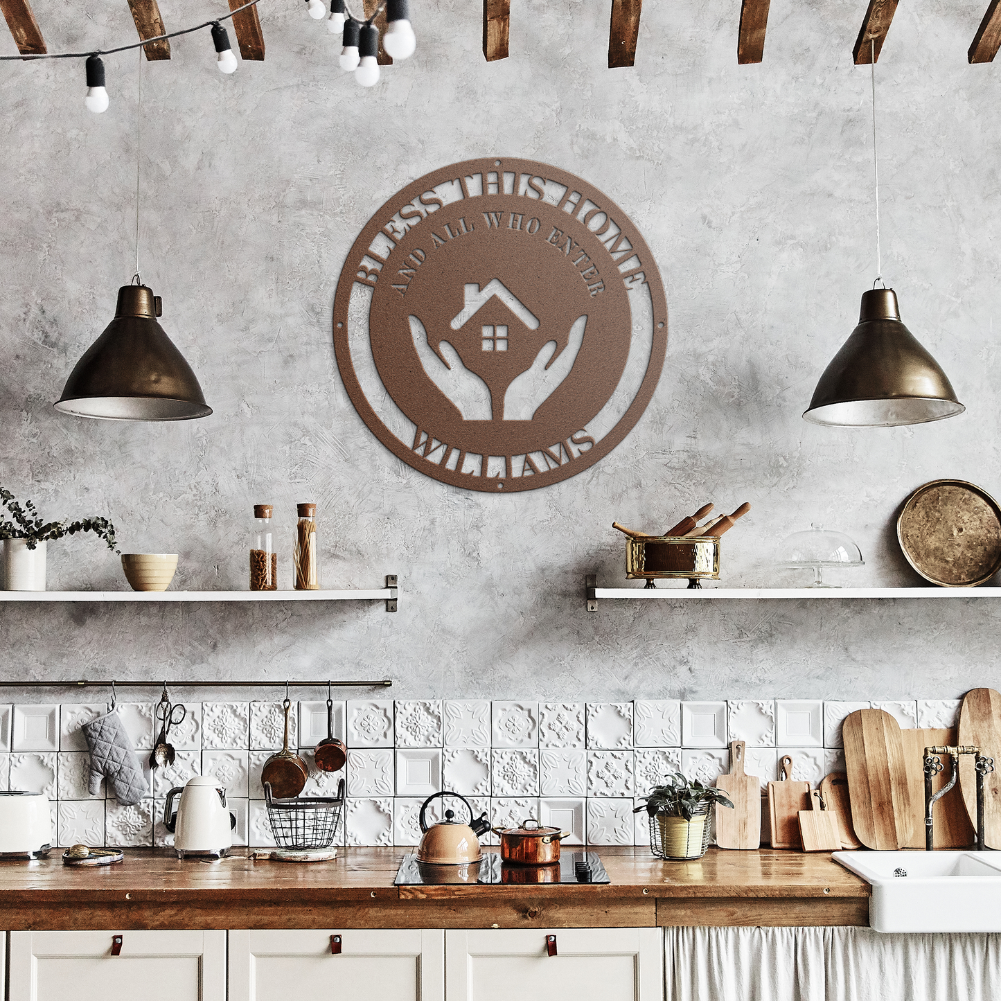 Personalized_Bless_This_Home_Die-Cut_Ste_Copper_Rustic_Kitchen_Mockup.png