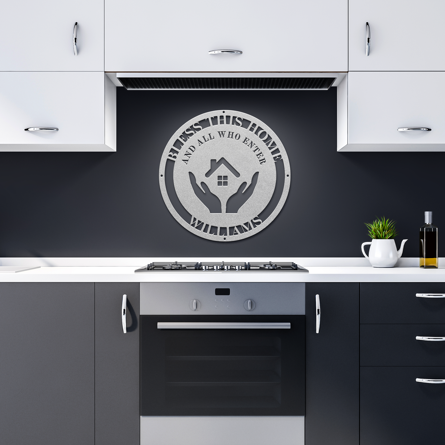 Personalized_Bless_This_Home_Die-Cut_Ste_Silver_Dark_Kitchen_Mockup.png