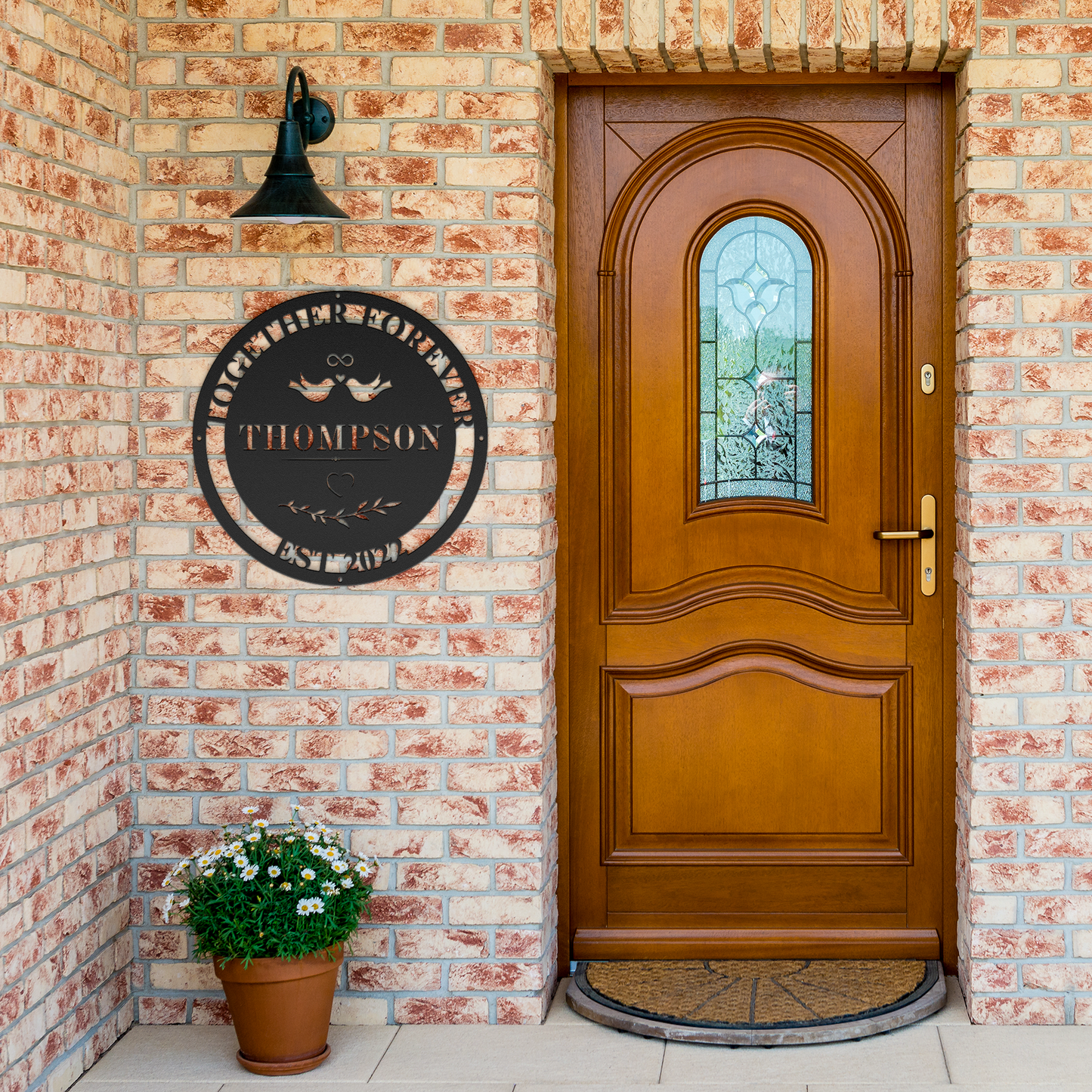 Personalized_Love_Birds_Steel_Die-Cut_Wa_Black_Brick_Entrance_Mockup.png