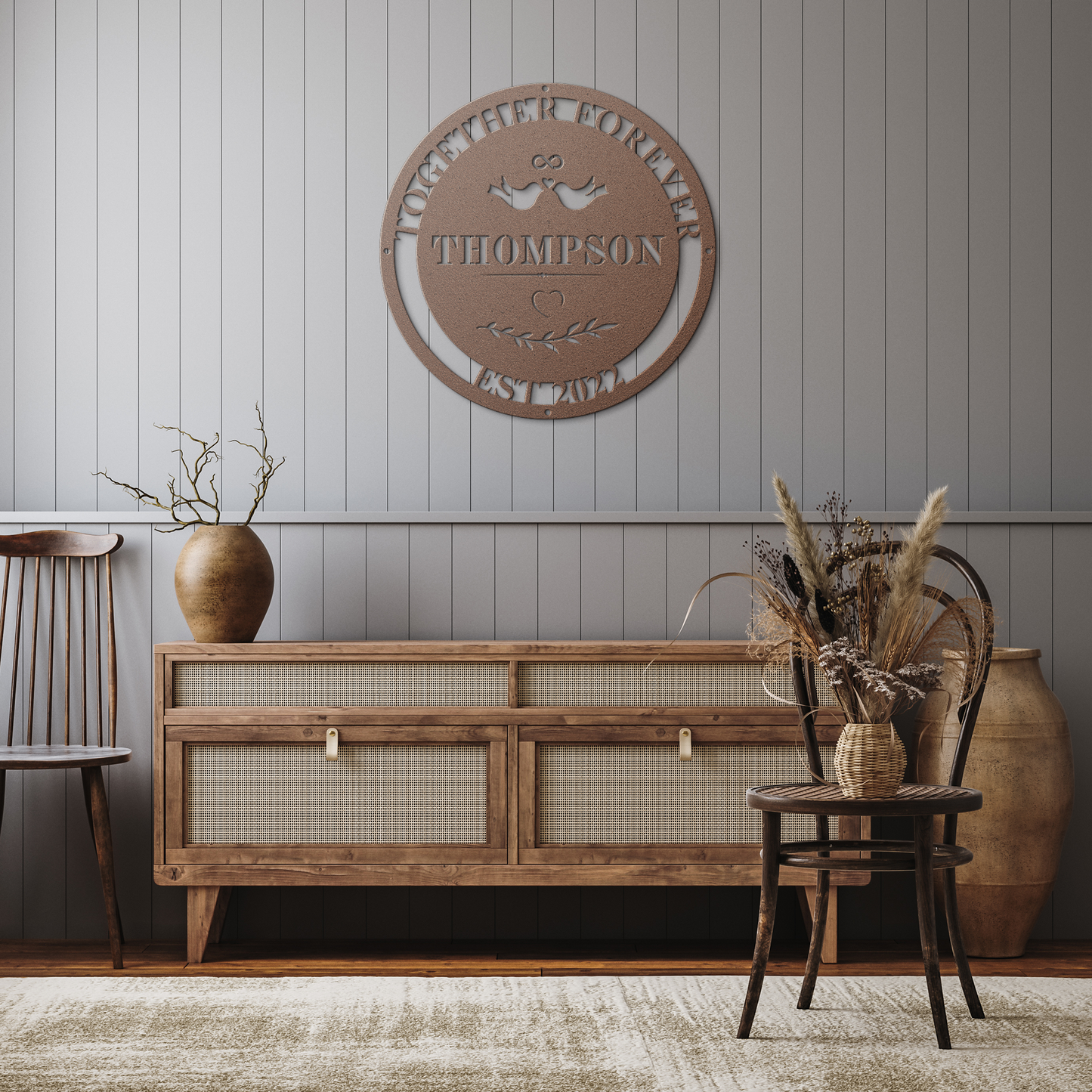 Personalized_Love_Birds_Steel_Die-Cut_Wa_Copper_Rustic_Hallway_Mockup.png