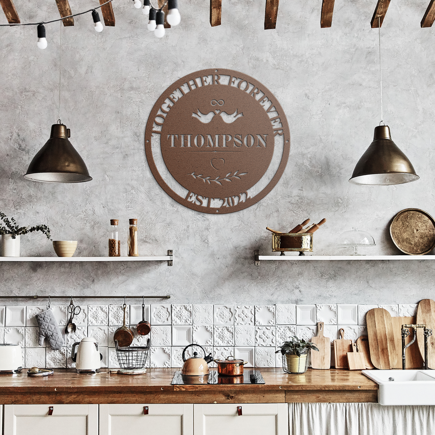 Personalized_Love_Birds_Steel_Die-Cut_Wa_Copper_Rustic_Kitchen_Mockup.png