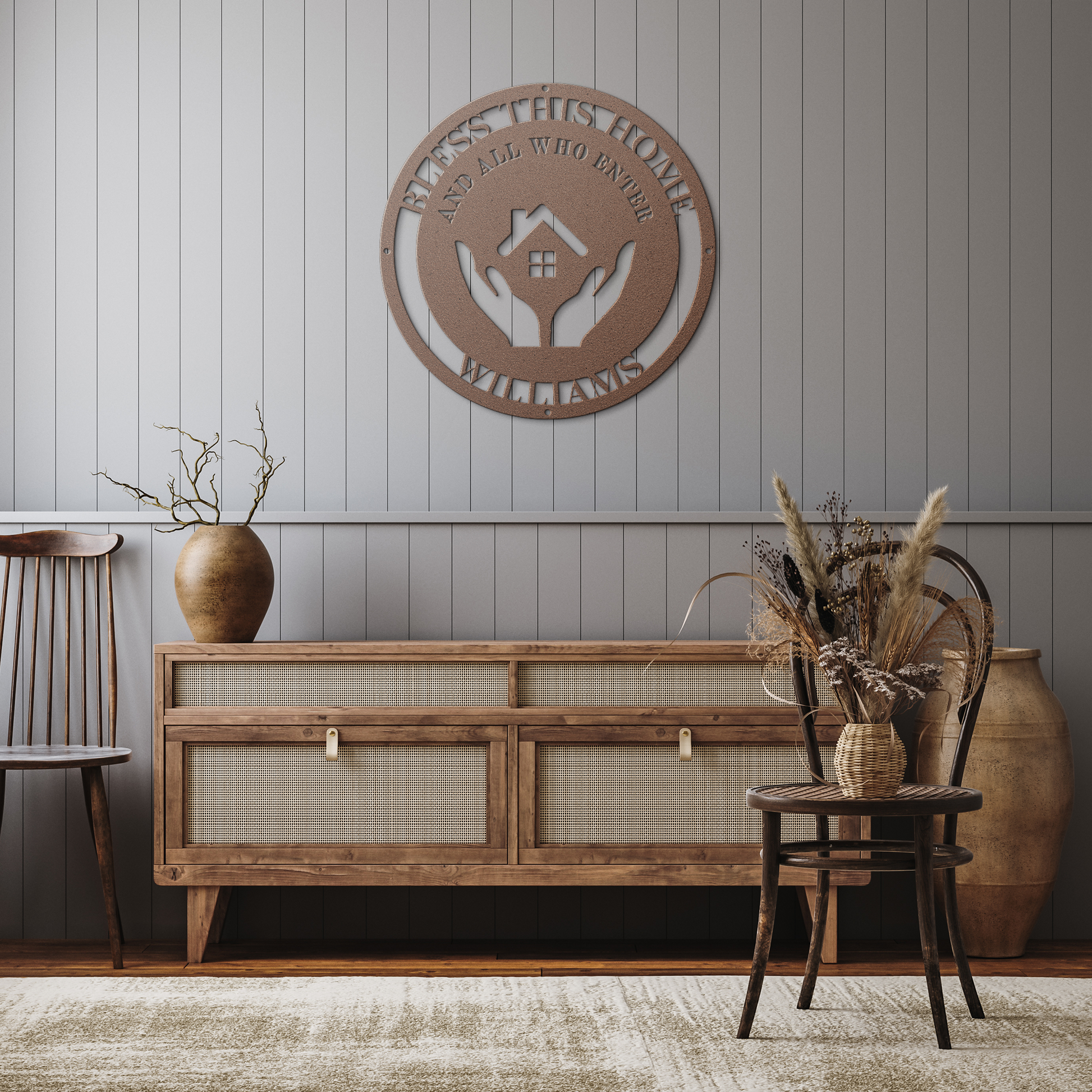 Personalized_Bless_This_Home_Die-Cut_Ste_Copper_Rustic_Hallway_Mockup.png
